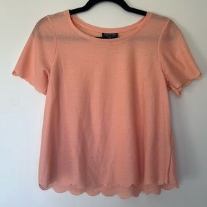 Topshop Coral / Peach Scallop Hem Scoop Neck Short Sleeve Shirt Blouse
